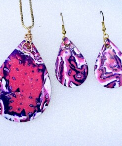 Polymer Clay Mokume Gane Purple, Pink, White Pendant Earring Set