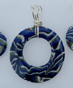 Polymer Clay Mokume Gane Blue White Green Swirl Round Pendant Earring Set #5