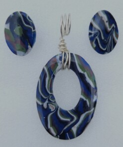 Polymer Clay Mokume Gane Blue White Green Swirl Oval Pendant Earring Set #7