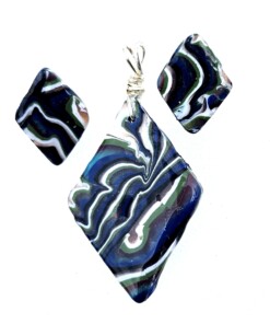 Polymer Clay Mokume Gane Blue White Green Swirl Diamond Pendant Earring Set #6