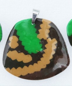 Polymer Clay Mokume Gane Green Brown Light Brown Pendant Earring Set #10