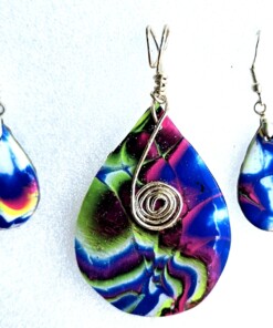 Polymer Clay Mokume Gane Swirl Blue Pink Green Pendant Earring Gold Set #4