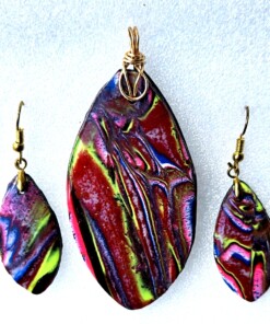 Polymer Clay Mokume Gane Swirl Pendant Earring Gold Set #3