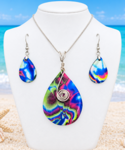 Polymer Clay Mokume Gane Swirl Blue Pink Green Pendant Earring Gold Set #4